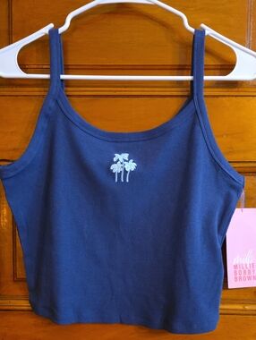 Ribbed Navy Palm Embroidered Cropped Camisole